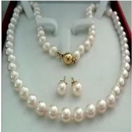 14K Gold Clasp 8-9MM White Akoya Cultured Pearl Necklace Earring2639