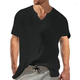 Camisas casuales para hombres Camisa de manga corta con cuello en V de lino de verano Camiseta de algodón de moda Ropa superior