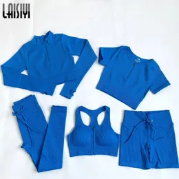 Женские брюки-двойки LAISIYI, женские комплекты, 5 комплектов одежды, леггинсы в рубчик с высокой талией, спортивный бюстгальтер, укороченные топы с длинными рукавами, бесшовные для тренировок