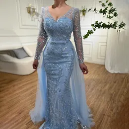 2024 Luxury Mermaid Evening Pageant Dress med overskirt Sheer V-ringade pärlor paljetter Prom Formal klänning Kändisklänningar Vestidos de Gala Robe de Soiree