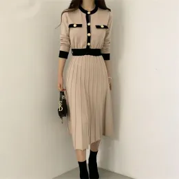 Vestido longo de malha elegante coreano, feminino, cor bloqueada, manga comprida, gola redonda, linha a, vestidos plissados, 2023