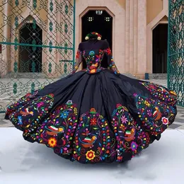 Stickerei Mexiko Quinceanera Kleider Charro Lange Ärmel Sweet 16 Kleid Schulterfrei Satin Vintage Kleid für besondere Anlässe für Frauen Mädchen 2024