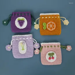 Sacos de armazenamento Kawai mão-tecido cordão moeda saco artesanal crochê flor morango tulipas cereja casual pequena carteira