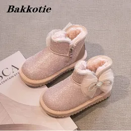 Bottes filles neige 2023 hiver enfant en bas âge enfants marque de mode princesse Chelsea cheville bébé chaussures de fourrure chaude enfants noeud papillon doux 231216