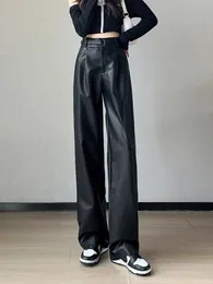 Męskie spodnie 2023 Autumn Zima skóra dla kobiet Koreańska moda szeroka noga luźne czarne spodnie kobiety wysokie pantelony 231216