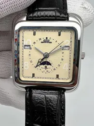 Orologi da polso Orologio automatico vintage da uomo di Pechino Orologi di lusso con fasi lunari Orologio meccanico rettangolare multifunzione antico da 38 mm