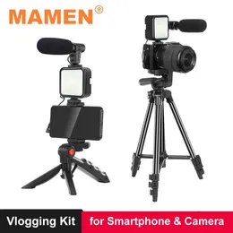 Tripods Mamen Przenośna kamera telefoniczna Tripod Vlogging Zestaw z mikrofonem LED LED do wywiadu wideo na żywo stojak na transmisję na żywo 231216