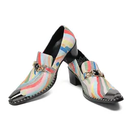 Mieszane kolory łańcuch klamry oryginalne skórzane buty męskie metalowy palec palca na swobodnych butach biznesowych eleganckie buty społecznościowe
