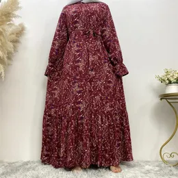 Etnik Giyim Ramazan Dubai Abayas Kadın Hijab Elbise Türkiye Kaftan İslam Uzun Kollu Çiçek Baskı Mütevazı Çöp Kaftan Marocain