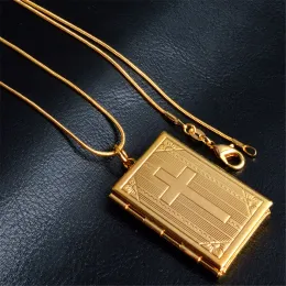 Cross Bible Photo Frame Necklace Fashion Charms Square Memory Locket kan öppna 14K gula guldhängen halsband man kvinnor kristna gåvor