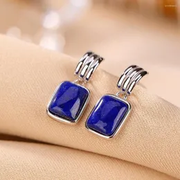 수진 귀걸이 Real Solid 925 Sterling Silver Stud Natural Lapis Lazuli Geometry Square