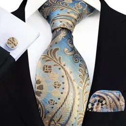 Neckband Blue Gold Floral Tie för män Luxury 8cm Wide Silk Wed Business Pocket Square Cufflinks Set Accessories Gravata 231216