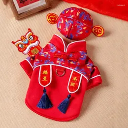 أزياء القط القطط جرو السنة الصينية بدلة تانغ مع قبعة التنين على غرار ملابس جيدة التمنيات كلمات للكلاب