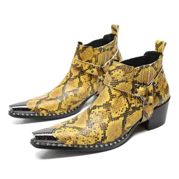 Hombre mode chaussures habillées imprimé serpent fête Club bottes courtes grande taille fermeture éclair en cuir véritable hommes bottines