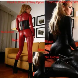 Seksi Set Kadınlar Siyah Kırmızı Sahte Deri Lateks Catsuit Clubwear Seksi Tulum, Zipper To Crotch Seks Fetiş Kostümleri 231216