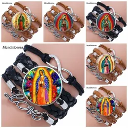 For Women Christmas Jewelry Glass Cabochon Multilayer Black Brown Leather Bracelet Bangle Virgin Mary Sacred Heart Religious209w