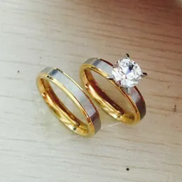 4mm titanium Steel CZ diamond Korean Couple Rings Set for Men Women Engagement Lovers his and hers promise 2 tone gold silver276F