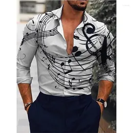 Camisas casuais masculinas Hawaiian Luxury Single Bastted Shirtd 3D Pian Piano Gráfico de Manga Longa Cardigão de Roupas de Designer