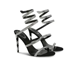 2024 Margot 105 Kristal Mücevher Sandalar Yılan Twining Zarif Sandal 10cm Stiletto Yüksek Topuk Rene Caovilla Altın Rhinestone Elbise Ayakkabı Ayakkabı Gümüş Taban Kadın Yaz Pompalar