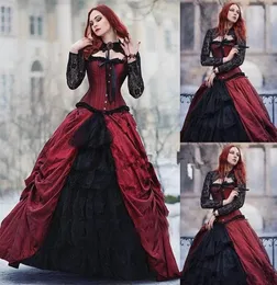 Gotisches viktorianisches Taft-Brautkleid, bodenlang, Spitze, lange Ärmel, gerüscht, Vintage-Brautkleider in Schwarz und Burgunderrot, hinten mit Schnürung, Brautkleider in Übergröße 2024