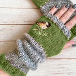 Five Fingers Gloves Embroidered Bird Women s Cotton Fingerless Knit Block Stitching Mittens A565 231216