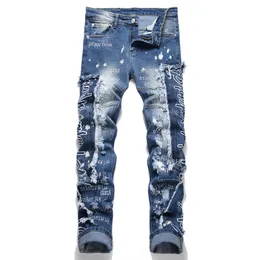Blue Stitching Ripped Men's Jeans Letter Embroidered Stretch Skinny Pants Spring Autumn Slim Fit Casual Streetwear