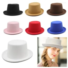 Berets Roll Brim Fedora Hat For Adult Fashion Solid Color Panama Magician Cap Wool Cosplay Costume Unisex Flat Top