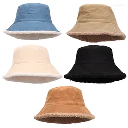 Berets Coreano Inverno Corduroy Listras Mulheres Azul Balde Chapéu Vintage Pelúcia Pescador Outono Quente Sólido Casual Cap Mulheres