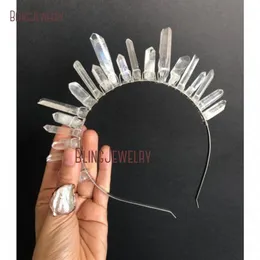 Saç klipsleri Barrettes Yarı Kristal Taç Raw Clear Quartz Ay Çocuk Tanrıça Başlığı Tiara Gelin Kafa Bandı HJ33538304R