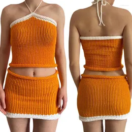 Vestidos de trabalho feminino malha duas peças saia define roupas de verão 2023 contraste cor tie-up halter sem costas colete colheita superior e cintura baixa mini