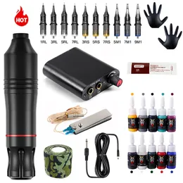 Tatueringsmaskinuppsättning Komplett DC Tattoo Pen Set Professional Tattoo Power Supply med 10pc bläckpatron Nål Nybörjare Tatueringssats