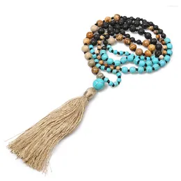 Pendant Necklaces YUOKIAA 108 Natural Black Lava Volcano Stones&Blue Pine&Drawing Stones Mixed With Silk Khaki Tassel Long Necklace Jewelry