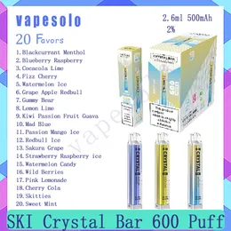 SKI Crystal Bar 600 Puff Descartável E Cigarro 500 mAh Bateria 2% Nível 2,6 ml Pré-cheio Pod Puffs 600 Vape Pen