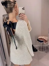 Kentsel Seksi Elbiseler Yay Sequin Dres Moda Kış Noel Uzun Kollu Parlak Mini Kadın Zarif Şık Sırtsız Parti Lady Vestidos 231218