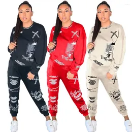 Damen Zweiteilige Hose Fitness Frauen Brief Graffiti-Druck 2 Sets Sport-Outfits Herbst Winter Sweatsuit Crop Top Jogginghose Trainingsanzug Aktiv