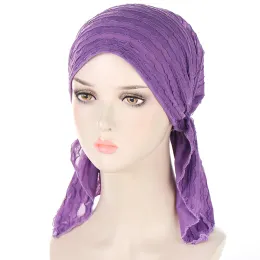 Novas mulheres plissadas cor sólida turbante chapéu quimio boné muçulmano hijab tampas internas perda de cabelo capa gorro longo cauda headwrap