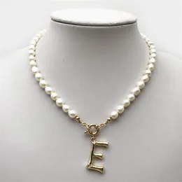 Real Pearl Necklace Choker Alphabet A-Z Initial Stainless Steel Buckle GoldColor Pendant Freshwater Jewelry 220228285Z