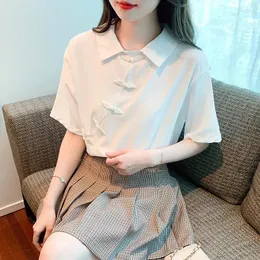 Blusas femininas estilo chinês melhorado cheongsam blusa branca feminina 2023 verão retro abotoado lapela magro camisa casual roupas