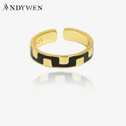 Anéis de casamento Andywen 925 prata esterlina ouro preto esmalte anel redimensionável mulheres jóias de luxo rock punk simples festa jóias moda 231218