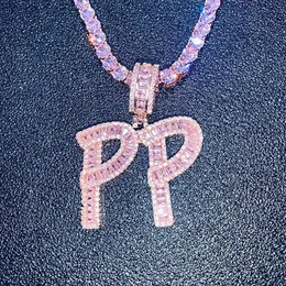 Hip Hop Custom Pink Baguette Letters Anhänger Halskette Kombination Buchstaben Name Anhänger 24 Zoll Pink Tennis Halsketten Zirkonia Jewel266z