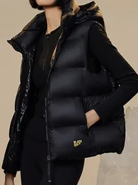 Kadın Yelekler Kapşonlu Ördek Aşağı Ceket Yeleği Kadın Kış Kalın Sıcak Kolsuz Ceket Erkekler Siyah İnce Yelek Moda Sıradan Rüzgar Geçidi 231218