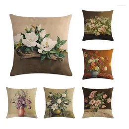 Taie d'oreiller carrée en lin avec impression florale rétro, taie d'oreiller décorative pour la maison, chaise/voiture/canapé, ZY158