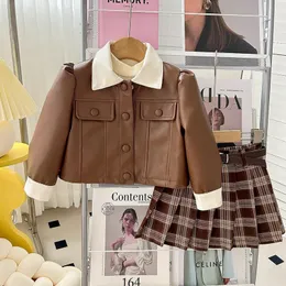 Jackets Girls Leather Jacket Spring and Autumn Girls Little Fragrant Wind Long Sleeve Coat Plaid Pleated Skirt with Belt 231218