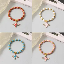 Strand Colorful Acrylic Beads Bracelet Oil Drip Angel Cross Rosary For Women