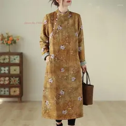 Ethnic Clothing 2023 Chinese Improved Qipao Fleece Lined Dress Traditional Folk National Flower Print Cheongsam Thicken
