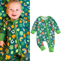 Strampler FOCUSNORM 0 12M Herbst Kleinkind Baby Mädchen Jungen Niedlich Strampler Langarm Reißverschluss Vierblättriges Kleeblatt Drucken Overalls Outwear 231218