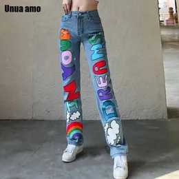 Jeans unua amo färgade brev tryck baggy jeans kvinna stilfulla raka byxor kvinnliga streetwear personlighet vilda denim byxor