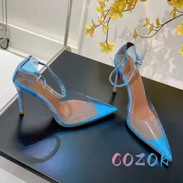 Sandali sexy blu TPU trasparente punta a punta copertura tacco cristallo fibbia alla caviglia tacco alto scarpe eleganti di marca da donna di alta qualità