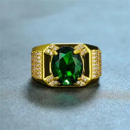 Wedding Rings Gorgeous Female Male Crystal Green Stone Ring Luxury 18KT Yellow Gold Big Oval Engagement For Men Women284e