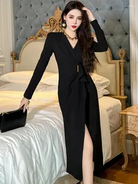 Casual Dresses Women's French Professional Black Dress Woman Elegant Shoulder Pad Long Sleeve Ruffle Folds Split Robe Business Party